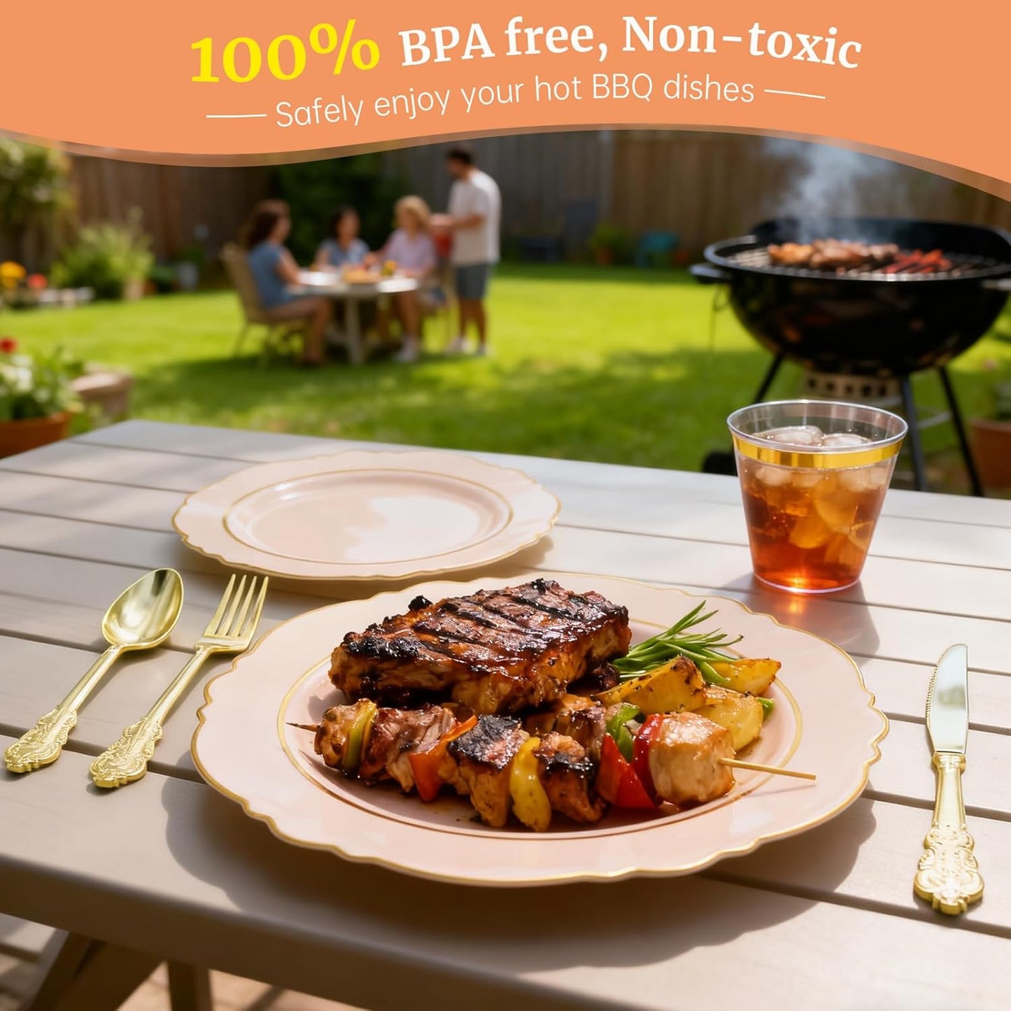 AIRE 350PCS Pink Gold Plastic Plates for Party, Dinnerware Sets for 50 Guests, Disposable Plastic Party Supplies Plates Cups Spoons Forks Knives Napkins for Wedding Birthday Baby Shower BBQ Parties