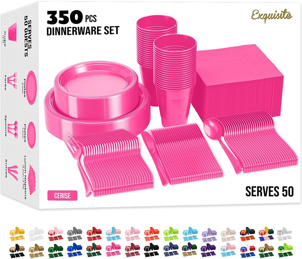 Party Solids 350 Pieces Cerise Plastic Plates For Party, Cerise Disposable Plates Set, 50 Of Each 9" Dinner Plate Set, 7" Dessert Plate, Cups, Napkins & Cutlery Plastic Dinnerware