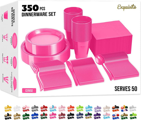 Party Solids 350 Pieces Cerise Plastic Plates For Party, Cerise Disposable Plates Set, 50 Of Each 9" Dinner Plate Set, 7" Dessert Plate, Cups, Napkins & Cutlery Plastic Dinnerware