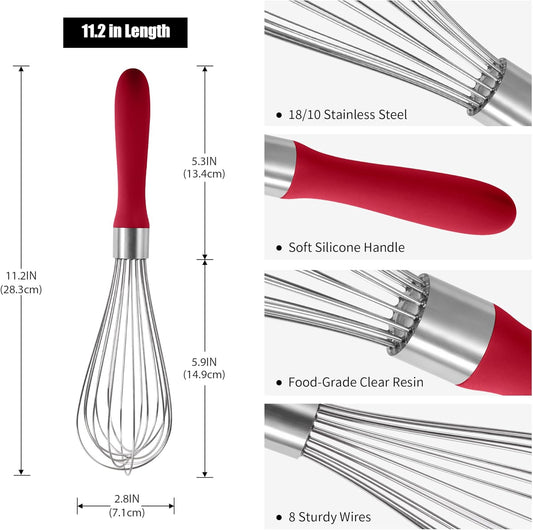 18/8 Stainless Steel Balloon Whisk, Doosu Kitchen Whisk for Cooking Handheld Egg Beater with Rust-Proof Sturdy Wires & Non-Slip Silicone Handle for Beating, Stirring, Blending (8 Wires, Red)