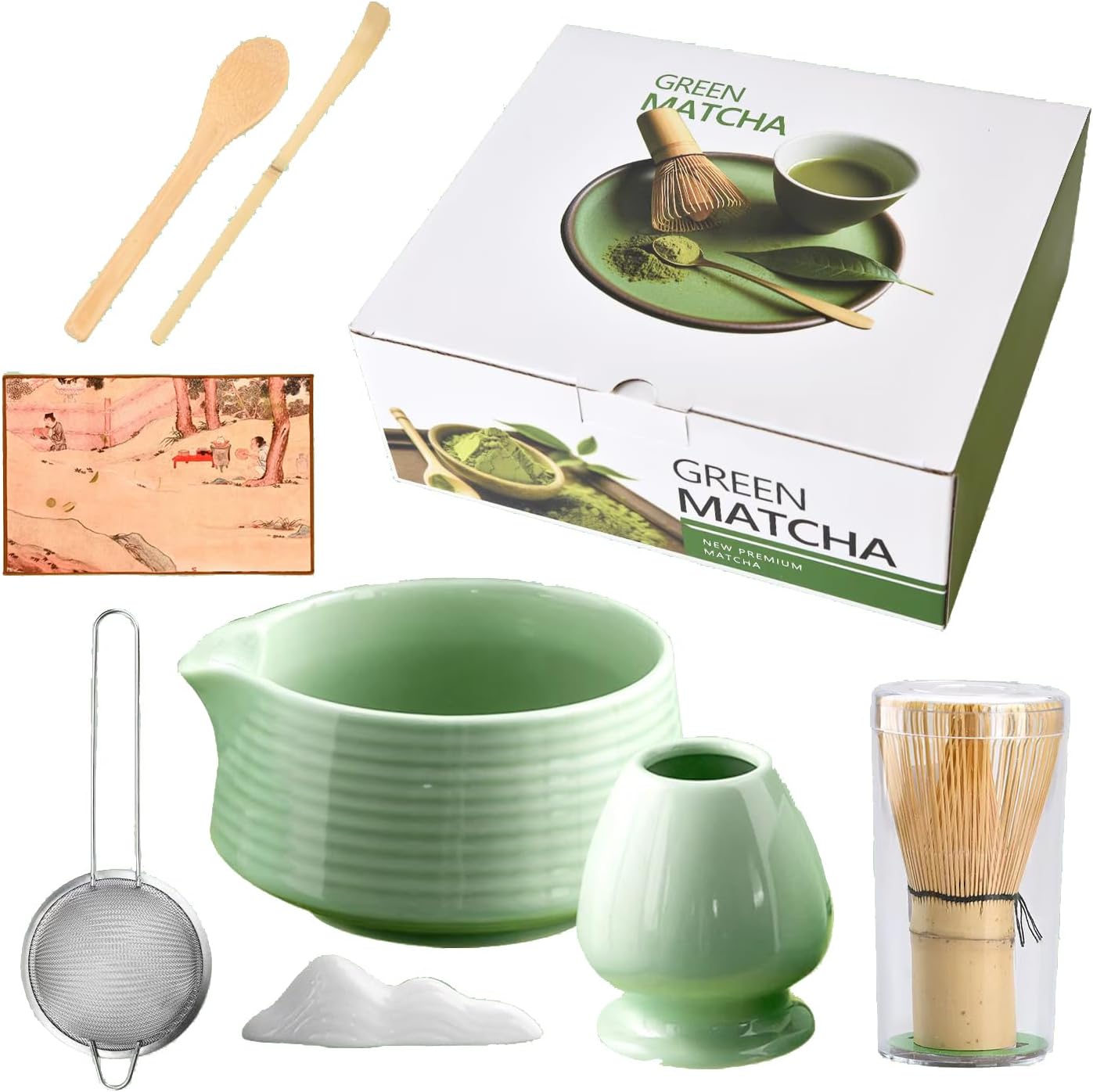 Matcha Whisk Set,(8Pcs) Includes Ceramic Matcha Bowl, Whisk, Holder, Scoop and Spoon, Rest, Sifter, Tea Towel,Traditional Tea Ceremony Set Gift(Green)