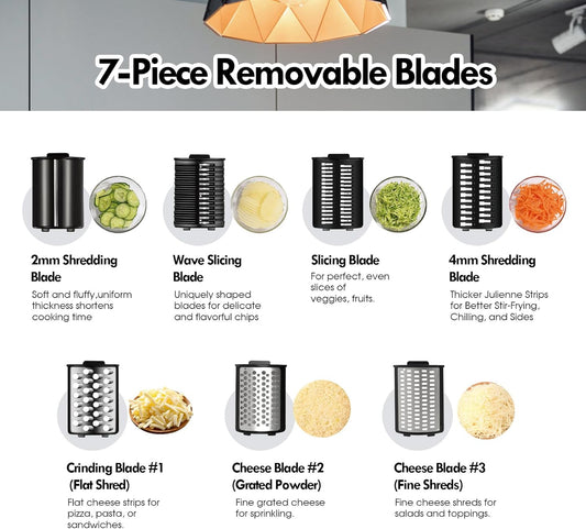 Electric Cheese Grater,Electric Cheese Grater for Block Cheese with 7 Different Shapes of Blades, 250W Electric Slicer Shredder, Electric Salad Machine for Cheeses, Fruits, Vegetables