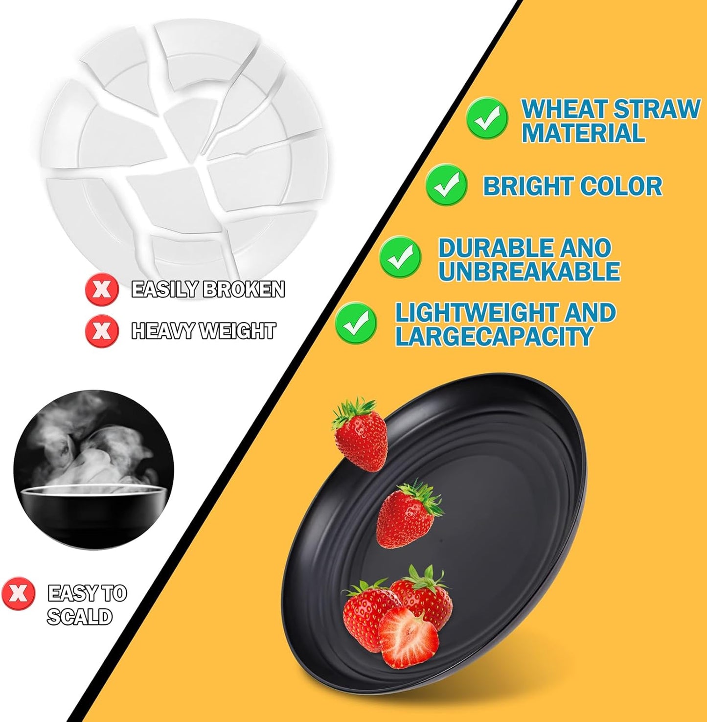 Rubtlamp 16Pcs Plastic Wheat Straw Dinnerware Set, Reusable Plastic Dishes Set for 4, Kitchen Plates And Bowls Set (Deep Four Colors) Include Dinner Plates, Dessert Plates, Cereal Bowls, Cups