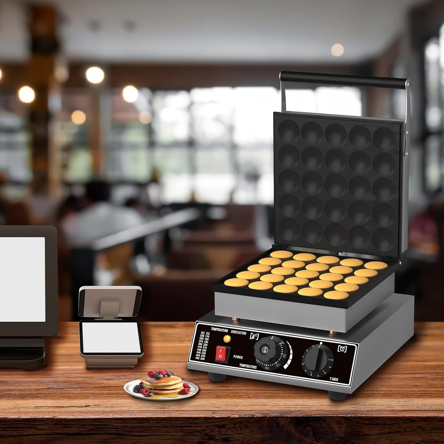 25-Cavity Commercial Mini Dutch Pancake Maker, 1750W Electric Nonstick Stainless Steel Pancake Machine with Timer and Lid for Restaurants, Parties, and Home Use