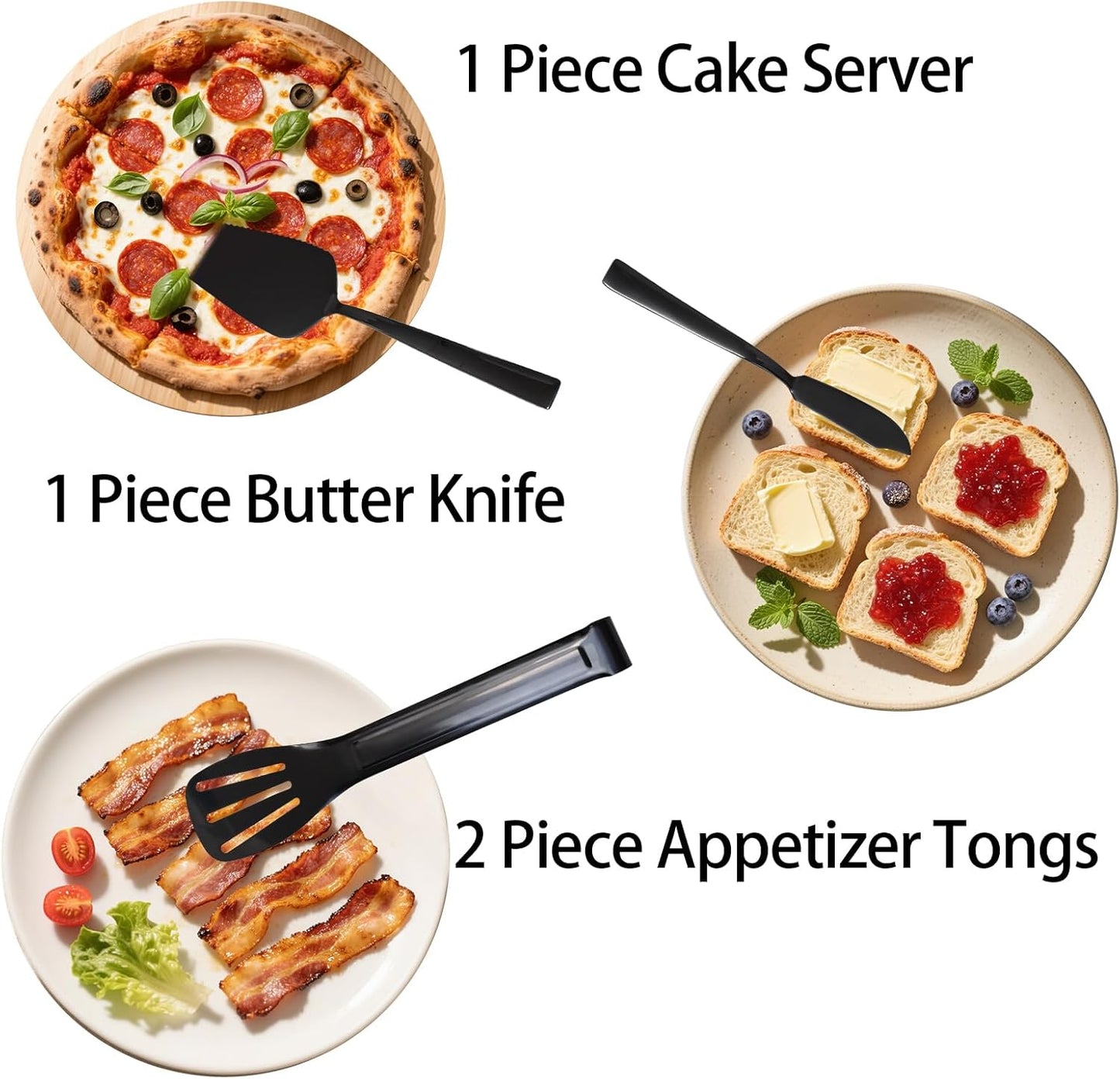 10 Piece Serving Utensils, Amafox Stainless Steel Utensils Set Include Large Spoons, Slotted Spoons, Forks,Appetizer Tongs 9'', Cake Server,Butter Knife, for Buffet Catering Banquet Party(Black)