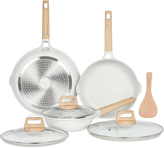 ESLITE LIFE Frying Pans Set with Lids Nonstick Skillets Set Egg Omelette Pans, Healthy Ceramic Coating Cookware Chef's Pan, Compatible with All Stovetops, PFOA Free (White,7-Piece)