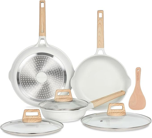 ESLITE LIFE Frying Pans Set with Lids Nonstick Skillets Set Egg Omelette Pans, Healthy Ceramic Coating Cookware Chef's Pan, Compatible with All Stovetops, PFOA Free (White,7-Piece)