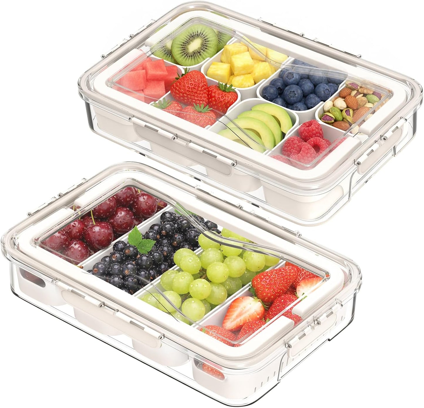 Charcuterie Container with Dividers 12 Compartments, 2pack Food Storage Containers, Bento Box Adult, Large Portable Divided Snackle Storage with Lid & Handle, Stackable Food Containers(White)