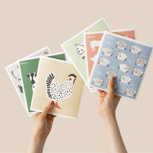 RECYCO Swedish Dishcloths for Kitchen | 6 Pack Farmhouse Friends Washable Dish Rags | Cellulose Reusable Cleaning Paper Towels | Absorbent Counter Dish Cloth Sponge Kitchen Wipes, 8" L x 7" W