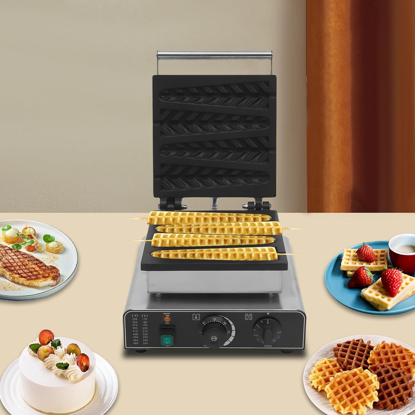 1750 Commercial Waffle Stick Maker, 4 Square Waffle Maker Non-Stick Stainless Steel Belgian Waffle Iron w/Time & Temper Adjustable| Whisk|Food Clip|Brushes, Large Waffle Machine for Restaurant