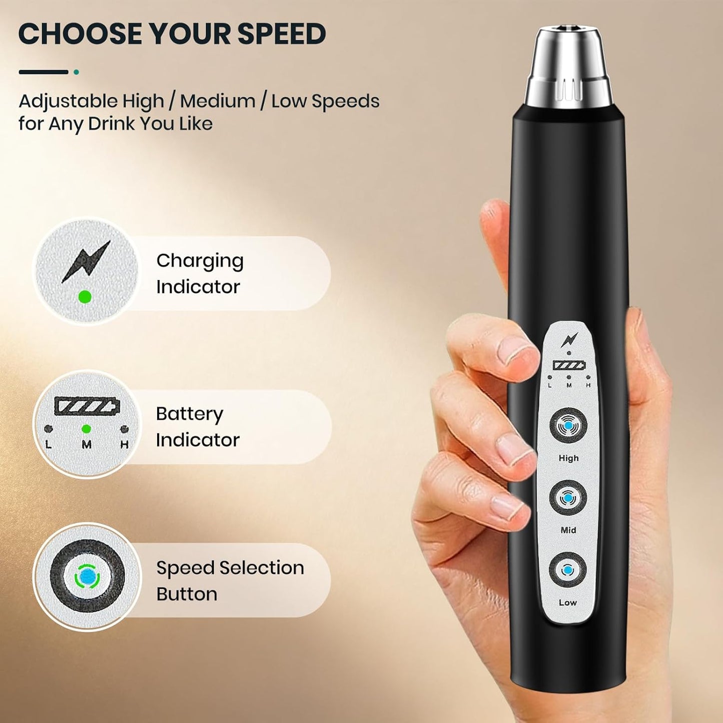 Milk Frother Handheld Rechargeable with Stand, Frother Wand Drink Mixer Electric Whisk for Coffee, Detachable With 3 Stainless Whisks, Hand Mixer for Lattes, Cappuccino, Matcha, Egg, Black