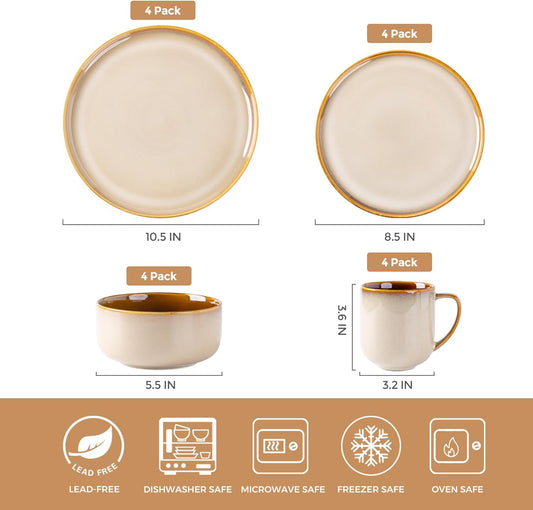 LERATIO Ceramic Dinnerware Sets for 4,16-PieceReactive Glaze Plates and Bowls Set with Mugs,Highly Chip and Crack Resistant | Dishwasher,Microwave & Oven Safe Dishes set-Kahki