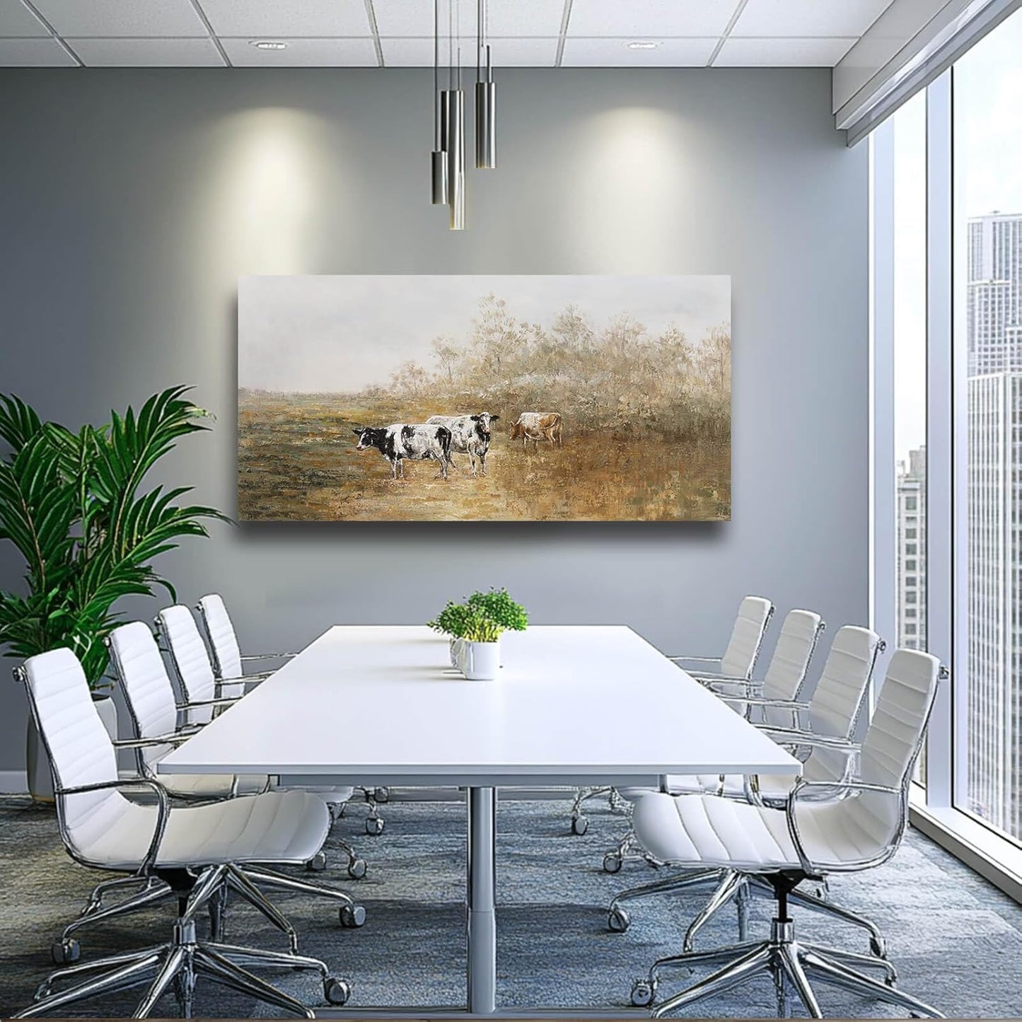 Farmhouse Cute Cattle Wall Art Framed Wall Decor Animal Theme Artwork Cow Picture for Home Office Bedroom Living Room Decoration 24x48 Inch