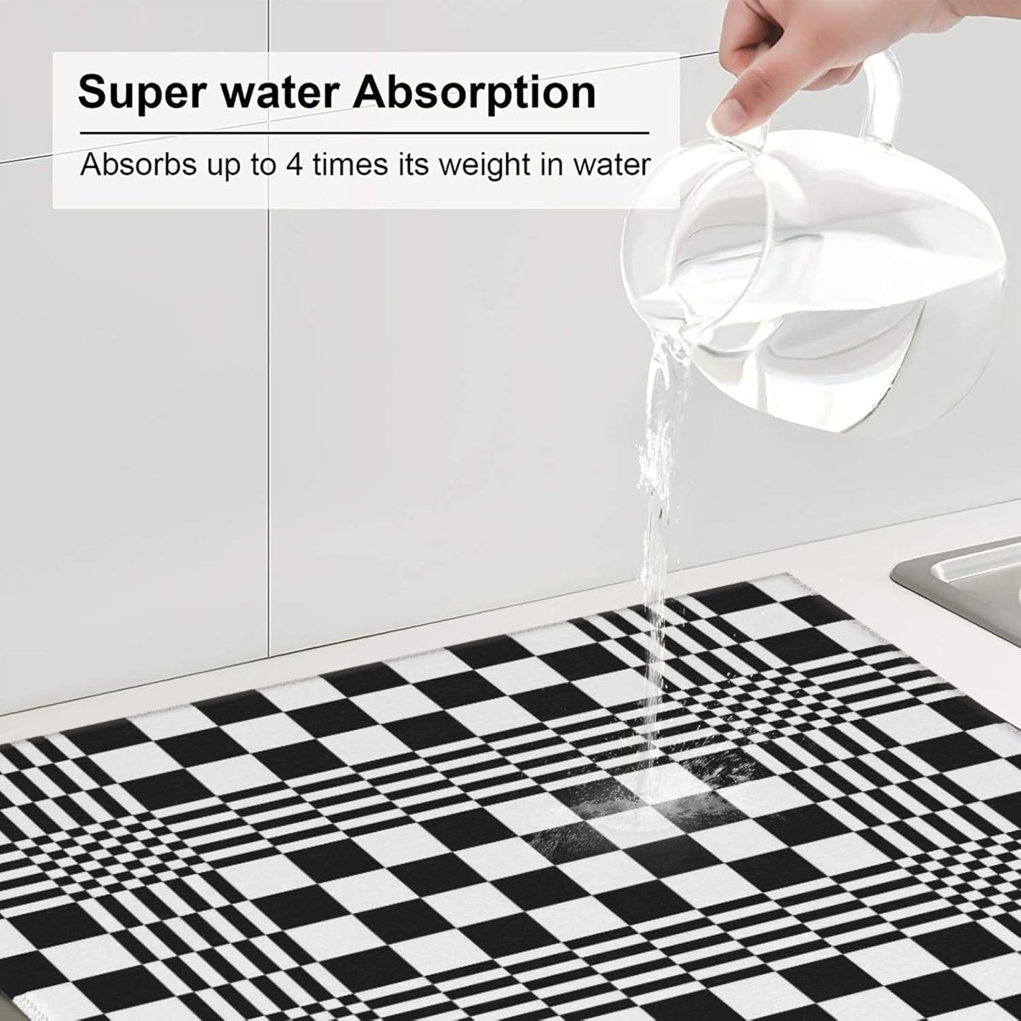 Black White Checkerboard Optical Art Dish Drying Mat for Kitchen Counter & Sink, Absorbent Microfiber Drying Pad for Dishes, Foldable Modern Geometric Kitchen Mat for Dining Area Home Decor, 16" x 18"