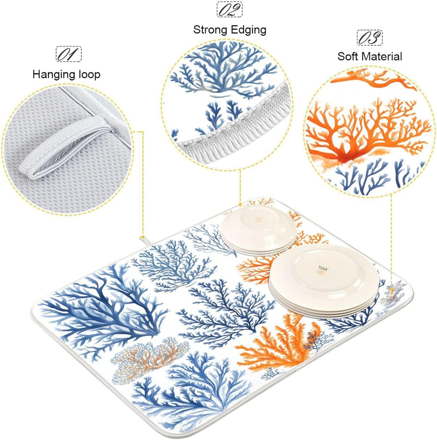Coral and Seaweed Dish Drying Mat for Kitchen Counter Super Absorbent Dishes Pad Reversible Microfiber Protector Dish Draining Mats 16x18 inch