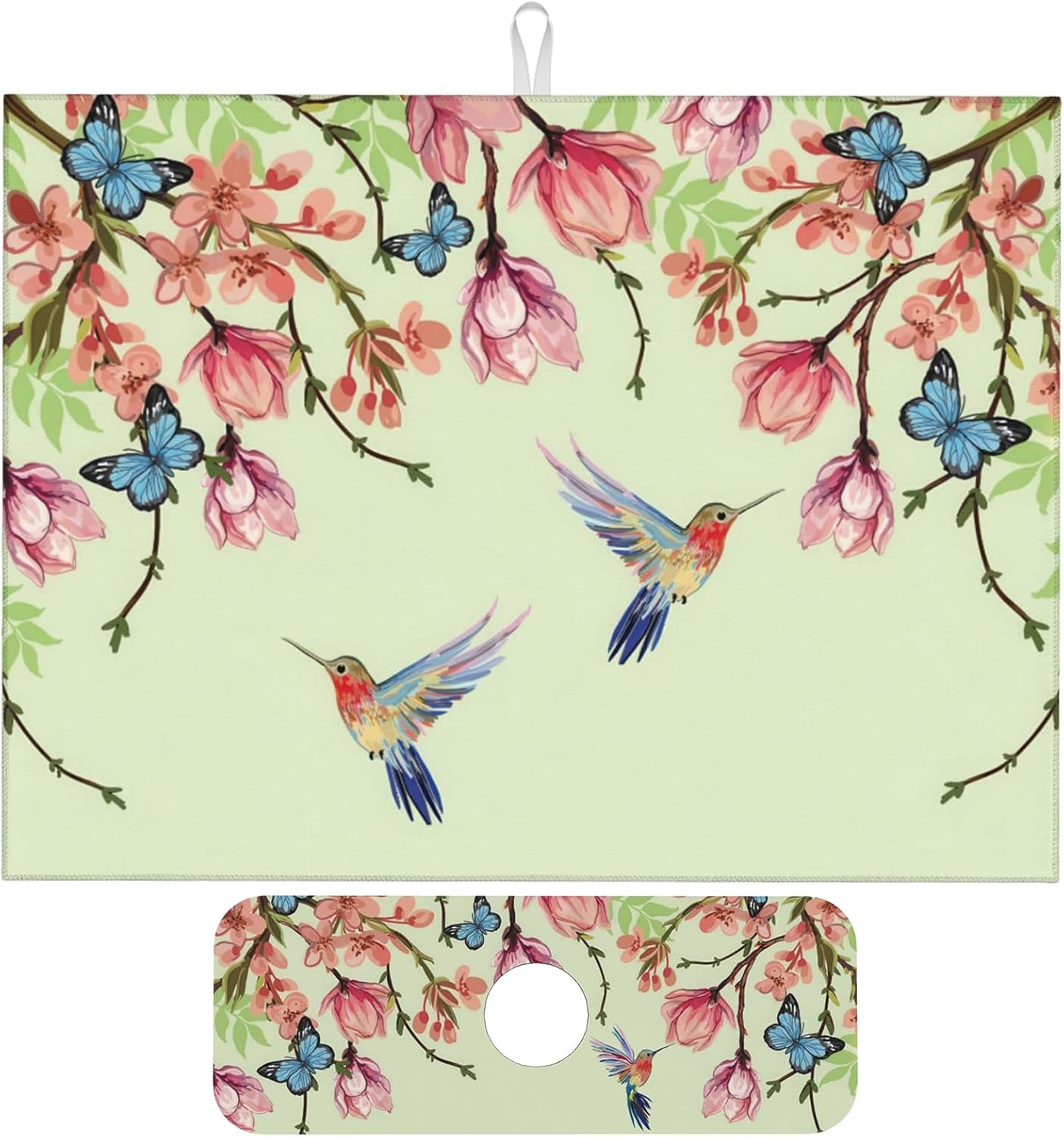 Bird Floral Flowers Dish Drying Mat for Kitchen Counter, 18"x24" Microfiber Absorbent Fast Dry Mat, 2Pcs Dish Mat Faucet Mats Sets, Large Drying Kitchen Mat Kitchen Drying Pad Coffee Bar Decor Gifts