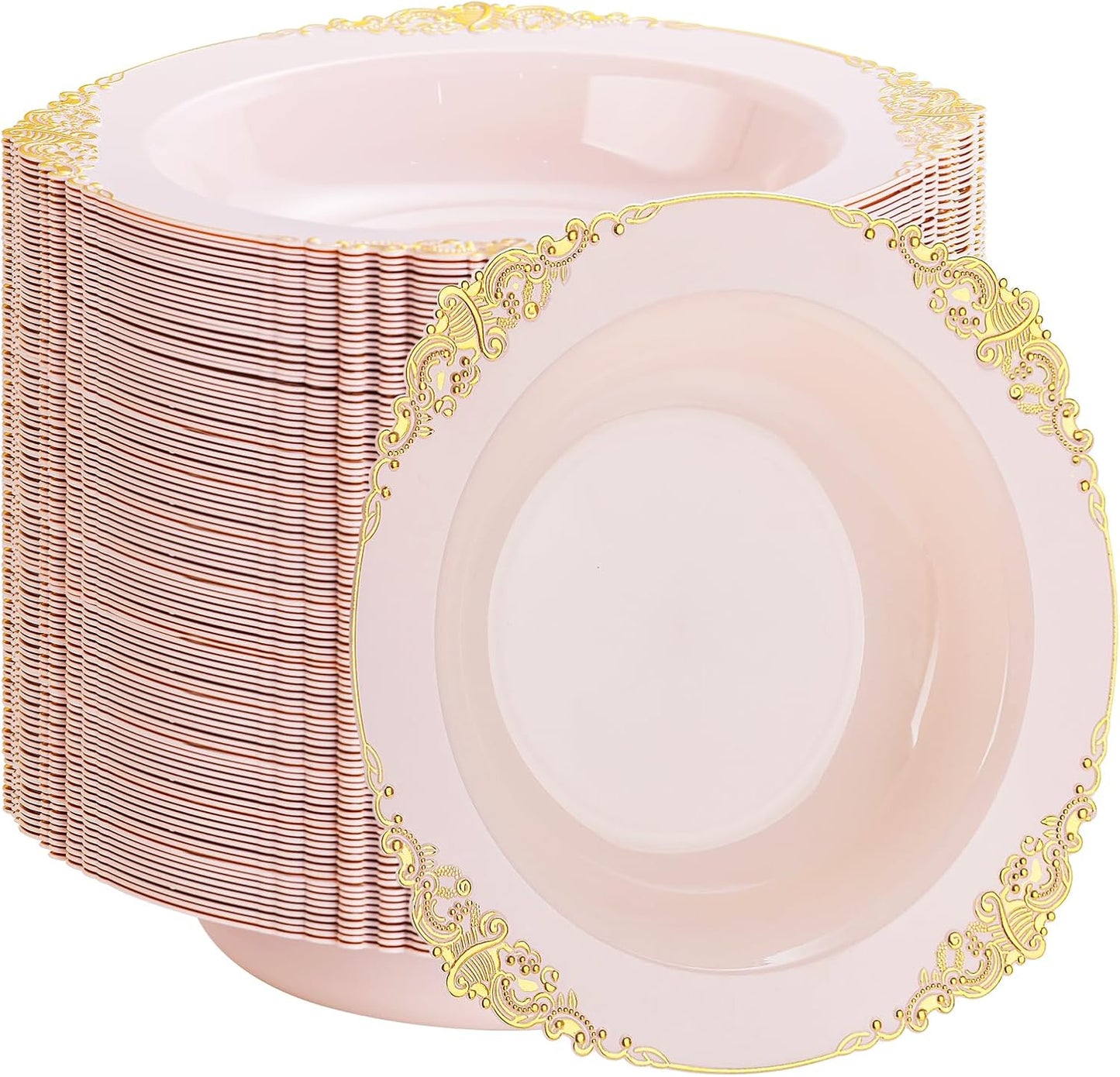 100PCS Pink Plastic Bowls - 12 oz Pink Gold Disposable Salad Bowls - Heavy Duty Disposable Soup Bowl - Fancy Plastic Ice Cream Bowl for Weddings Parties Dinners Picnics