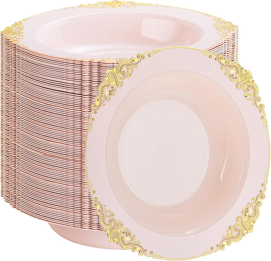 100PCS Pink Plastic Bowls - 12 oz Pink Gold Disposable Salad Bowls - Heavy Duty Disposable Soup Bowl - Fancy Plastic Ice Cream Bowl for Weddings Parties Dinners Picnics