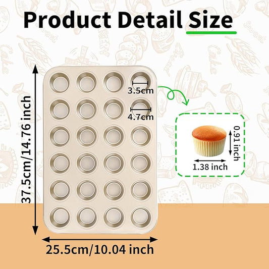 Beasea Mini Muffin Pan 24 Cups Nonstick, 1 Pack 24 Mini Small Cup Non Stick Muffin Baking Pan Tin Tray Carbon Steel Bakeware Individual Cupcake Baking Pan - Gold