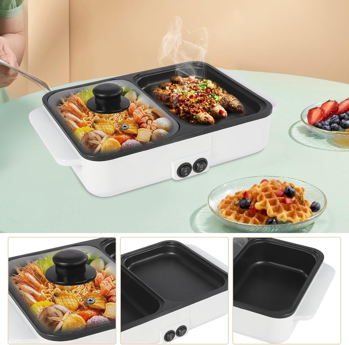 Electric Hot Pot with Grill and Frying Pan, 2 in 1 Indoor NonStick Shabu Shabu Pot and Griddle, Dual Temperature Control, Fast Heating for BBQ Steak Noodles (White)