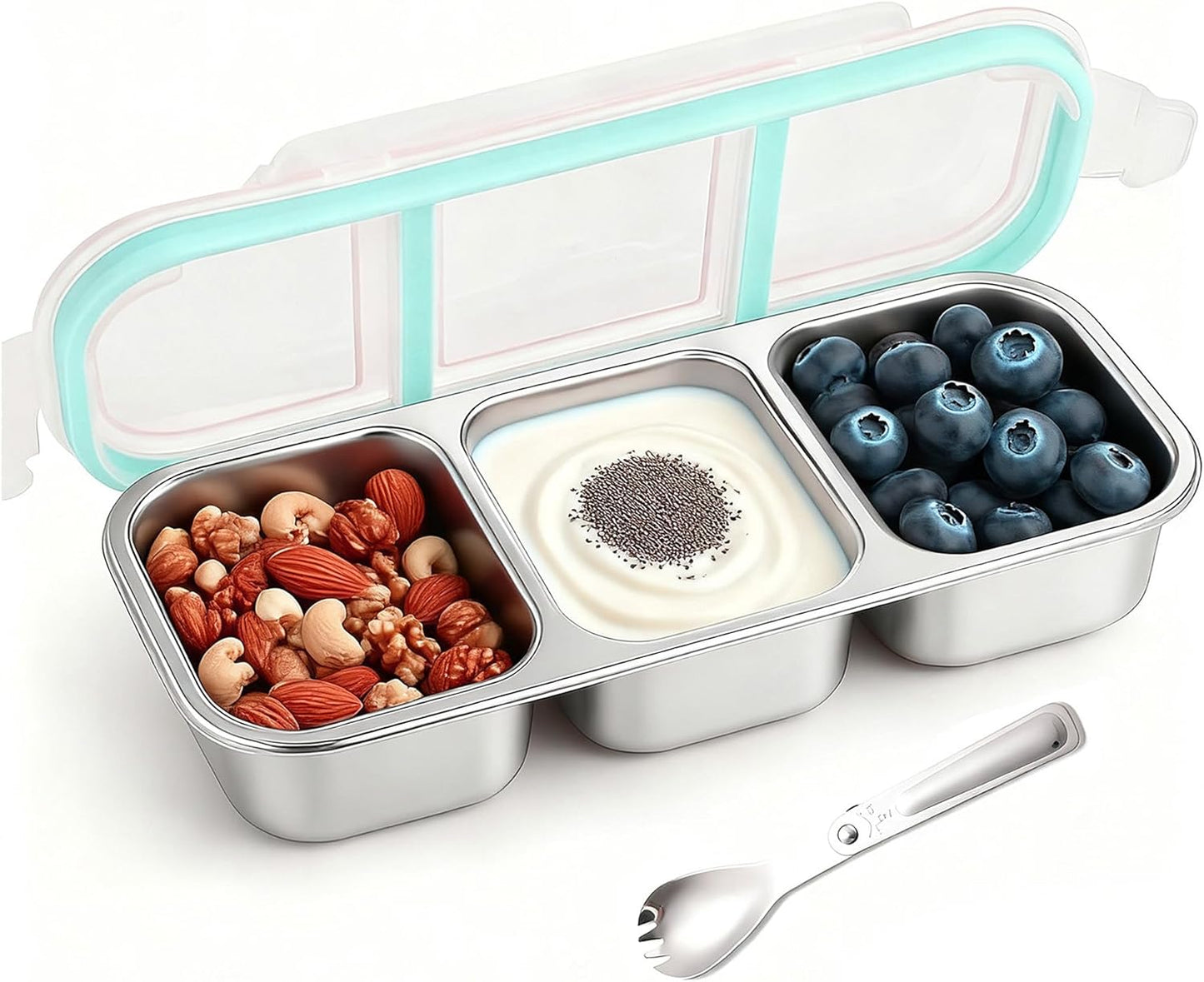 Food Storage Containers with Airtight Lid, Stainless Steel Snack Containers, Leak Proof Metal Lunchbox with Compartment and Spoon, Lunch Box Bento Box Adult for Office, Travel, Meal Prep