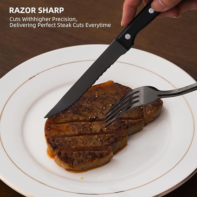 24 Pcs Silverware Flatware Service for 4, 18/0 Stainless Steel Tableware with Steak Knives, High Mirror Polished Cutlery Set in Ergonomic Design Size and Weight, Dishwasher Safe, Black