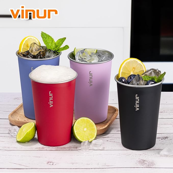 VINUR 16 oz Stainless Steel Cups 4 Pack Pint Tumbler Stackable Metal Drinking Glasses for Travel, Camping, Outdoors (Royal Blue-Canyon Red-Black-Purple Pink)