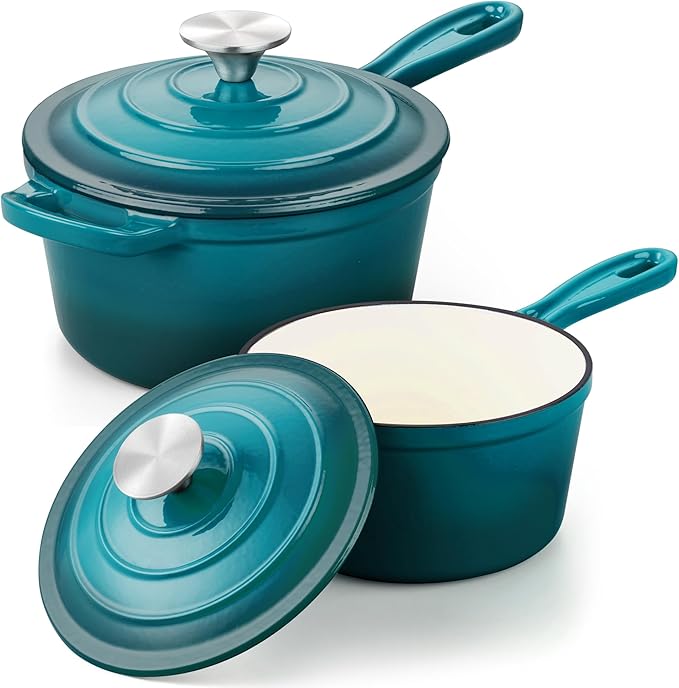 1 Qt & 2 Qt Sauce Pan Sets, Leonyo Enameled Cast Iron Sauce Pan with Lid, Small Saucepan Cast Iron Dutch Oven Kitchen Cookware for All Cooktops Cooking Pasta, Milk, Oatmeal - Up to 500°F, Lake Green