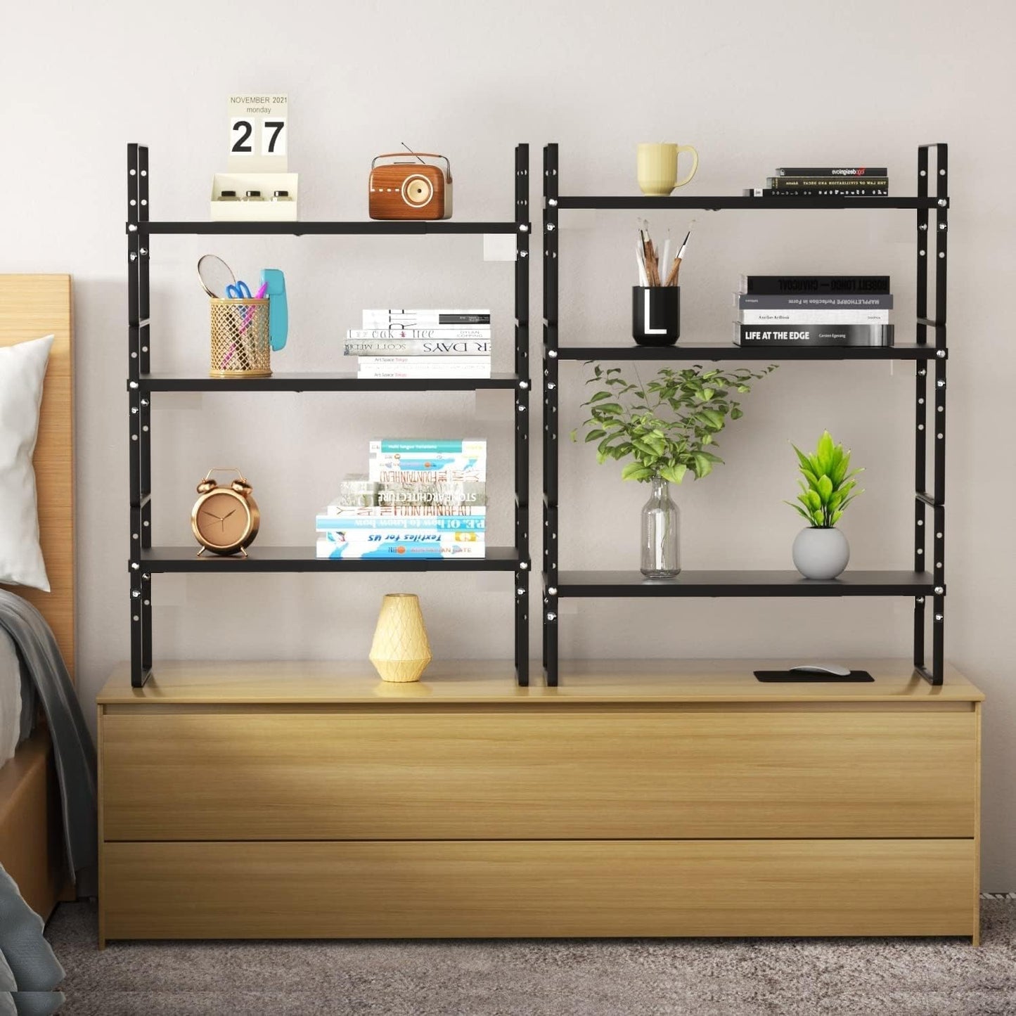 Expandable Stackable Spice Rack Cabinet Shelf Organizer in Cabinets Shelves Kitchen Cupboard Organization Stack up Racks Pantry Countertop Storage Large/Black 3 Packs