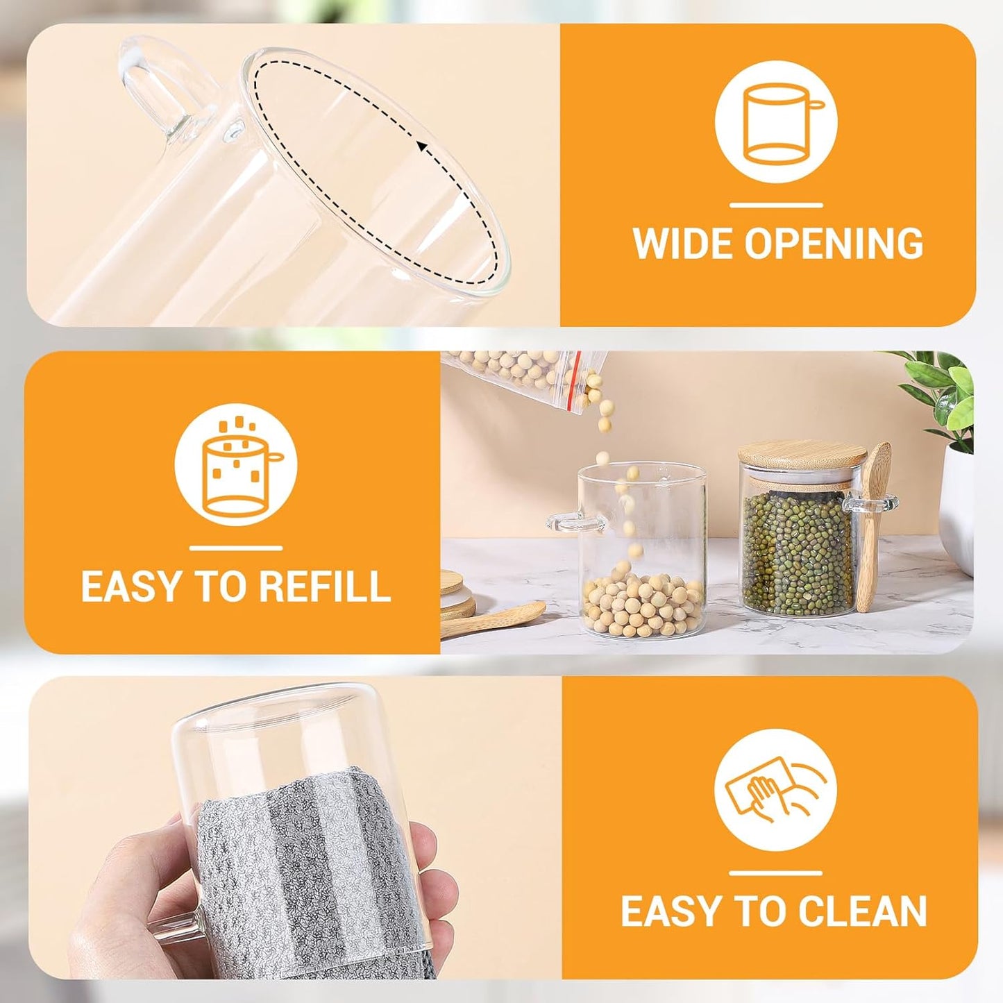 Glass Jar with Bamboo Lids and Spoons - 2 Pack 6 Fl.oz Airtight Round Glass Pantry Containers Set, Includes Labels and Marker, Food Storage Canisters for kitchen for Spice, Coffee, Sugar, Tea