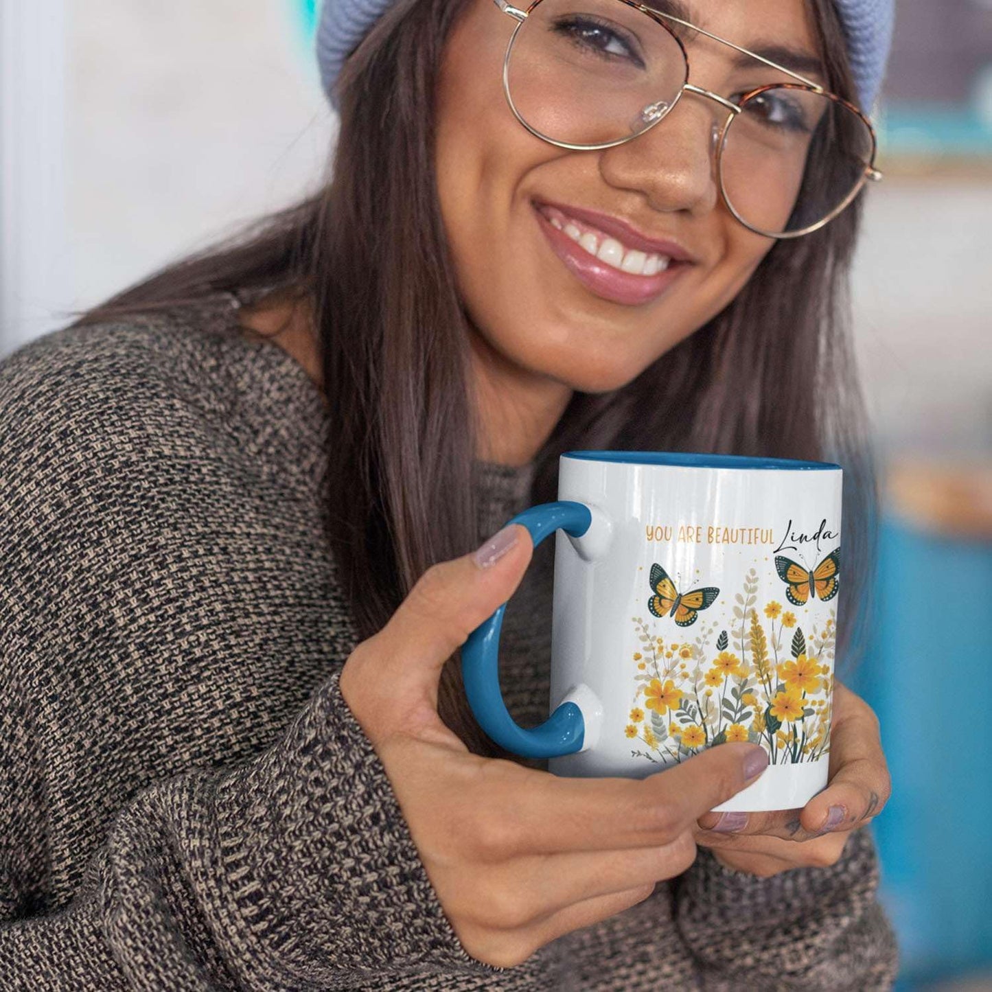 Novelty Customized You Are Beautiful Travel Mugs, Custom Unique Ceramic Cup With Lovely Butterfly And Flowers 11oz 15oz, Personalized Name On Animal Mug Presents On Graduation