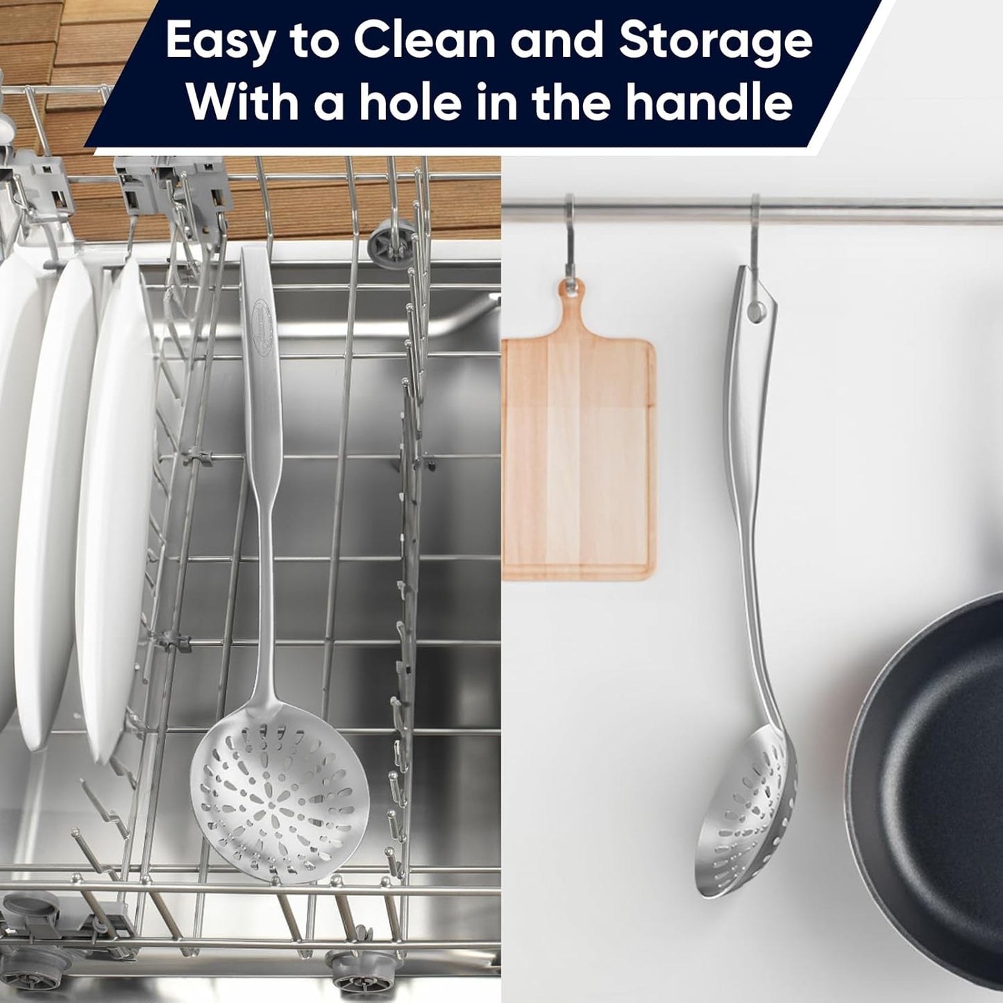 Skimmer Slotted Spoon, [Rustproof, Integral Forming, Durable] Newness 304 Stainless Steel Slotted Spoon with Vacuum Ergonomic Handle, Comfortable Grip Design Strainer Ladle for Kitchen, 14.96 Inches