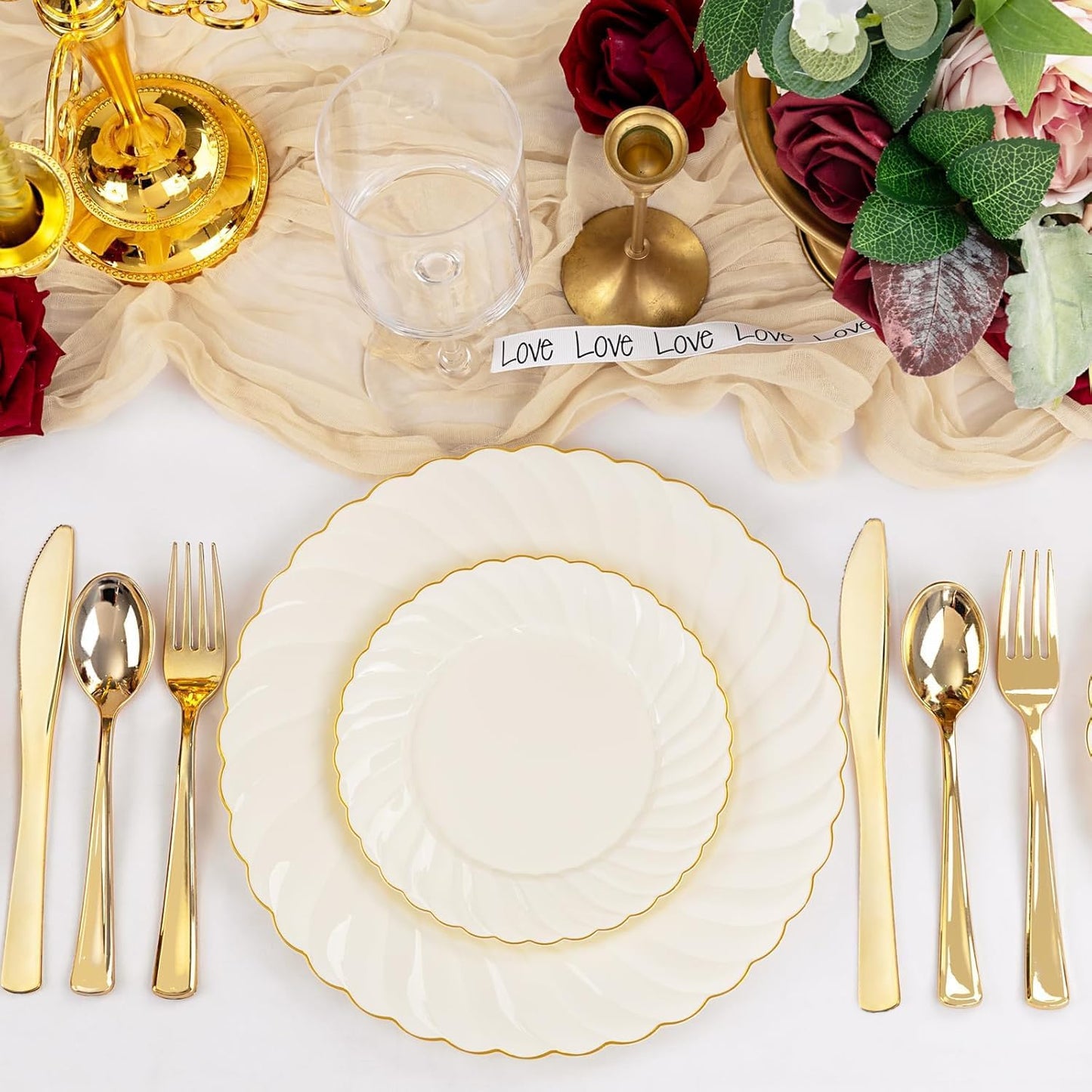 YOUBET 125PCS Scalloped Plastic Plates - Ivory Scalloped Disposable Plates - Gold Plastic Dinnerware Set Include 50 Plates, 75 Gold Silverware for Party & Wedding & Thanksgiving