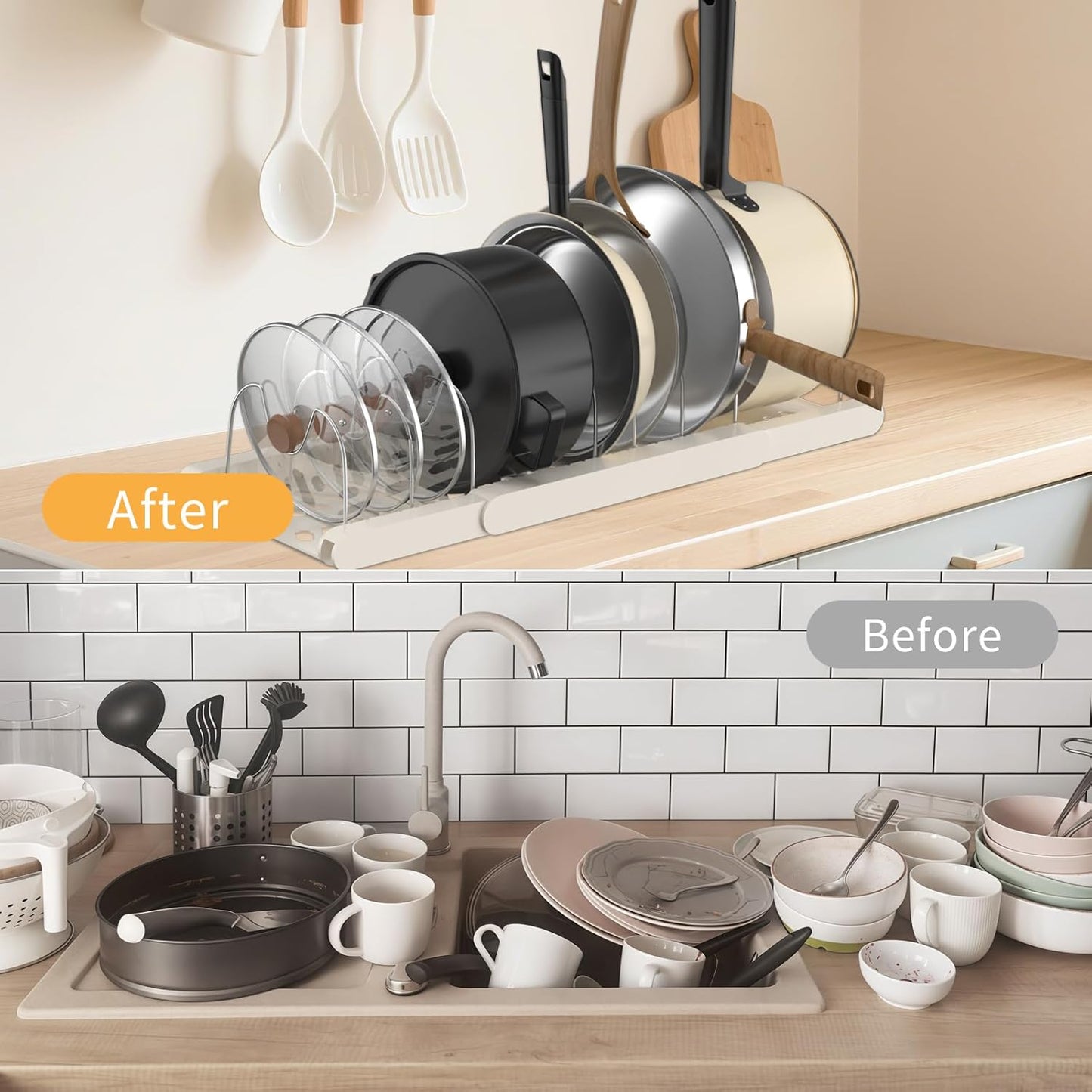 Pots and Pans Organizer Under Cabinet,Expandable Pot Lid Holder with 10 Adjustable Dividers,Pot Rack,Kitchen Pantry Countertop Storage for Bakeware, Cutting Boards, Frying, Lid, Cookware,Dishes