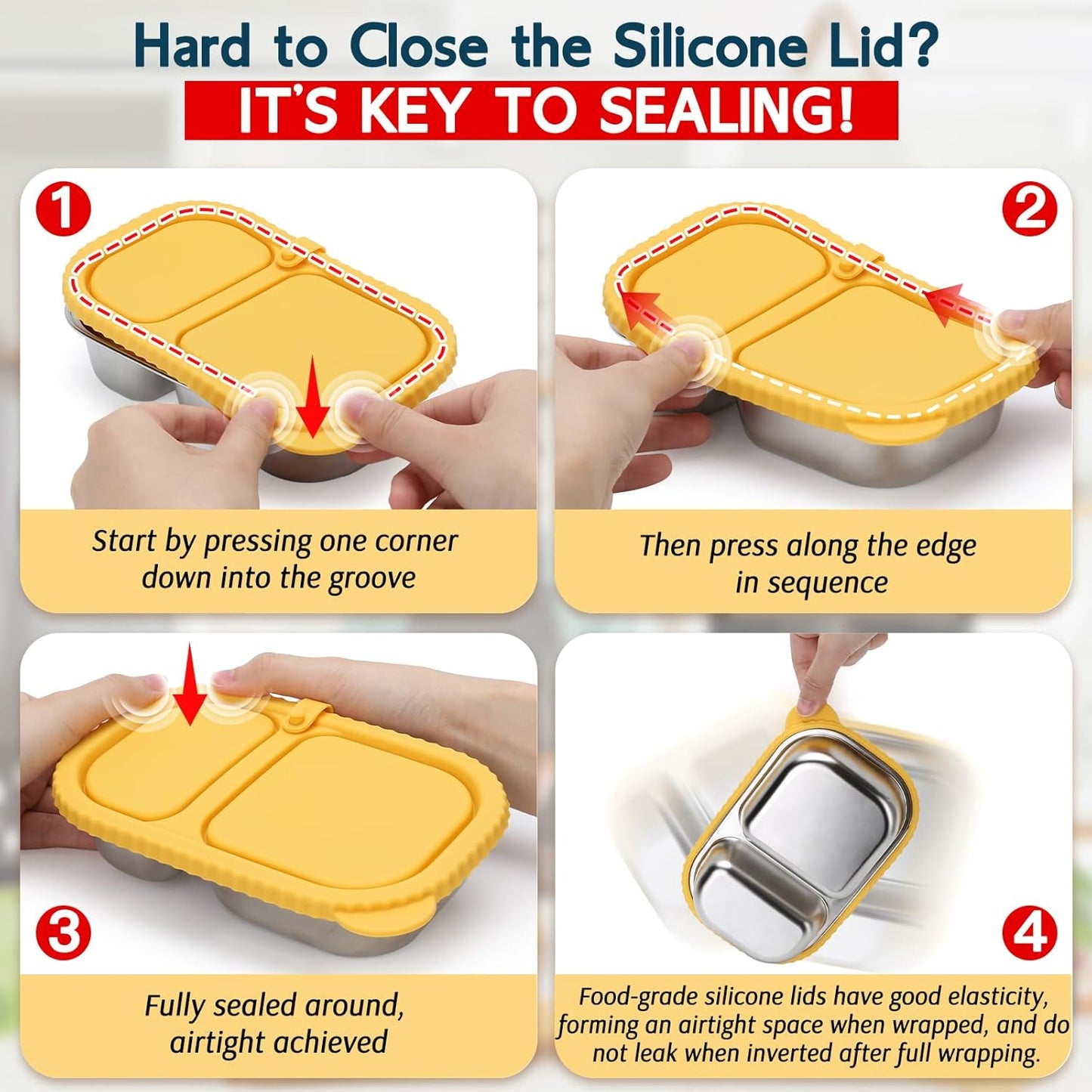 3 Pack Stainless Steel Snack Containers with Silicone Lids, Reusable 2 Compartment Food Storage Containers, Stainless Steel Box for School, Office, Travel