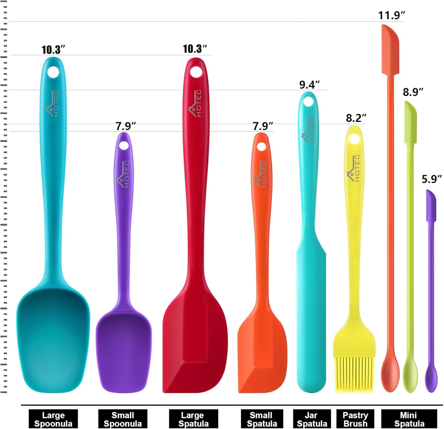 HOTEC BPA Free Heat Resistant Silicone Spatula Set Kitchen Utensils for Baking Cooking Mixing Non Stick Cookware Food Grade Dishwasher Safe (Multi-Color) Set of 9