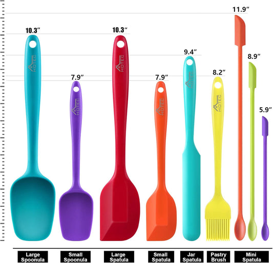 HOTEC BPA Free Heat Resistant Silicone Spatula Set Kitchen Utensils for Baking Cooking Mixing Non Stick Cookware Food Grade Dishwasher Safe (Multi-Color) Set of 9