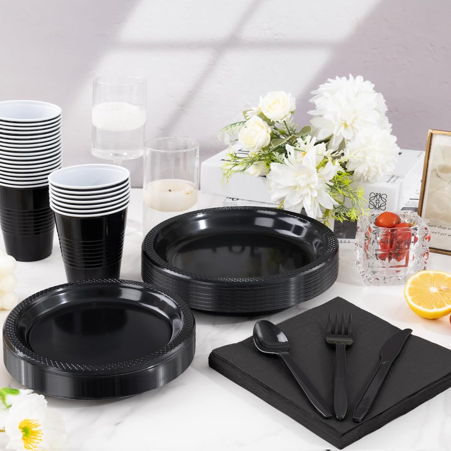WELLIFE 210Pcs Black Plastic Plates, Disposable Dinnerware Set, Party Supplies Including Black plates, 12oz Cups, plastic Cutlery and Napkins Serve 30 Guests, Plastic Plates for Party and Halloween