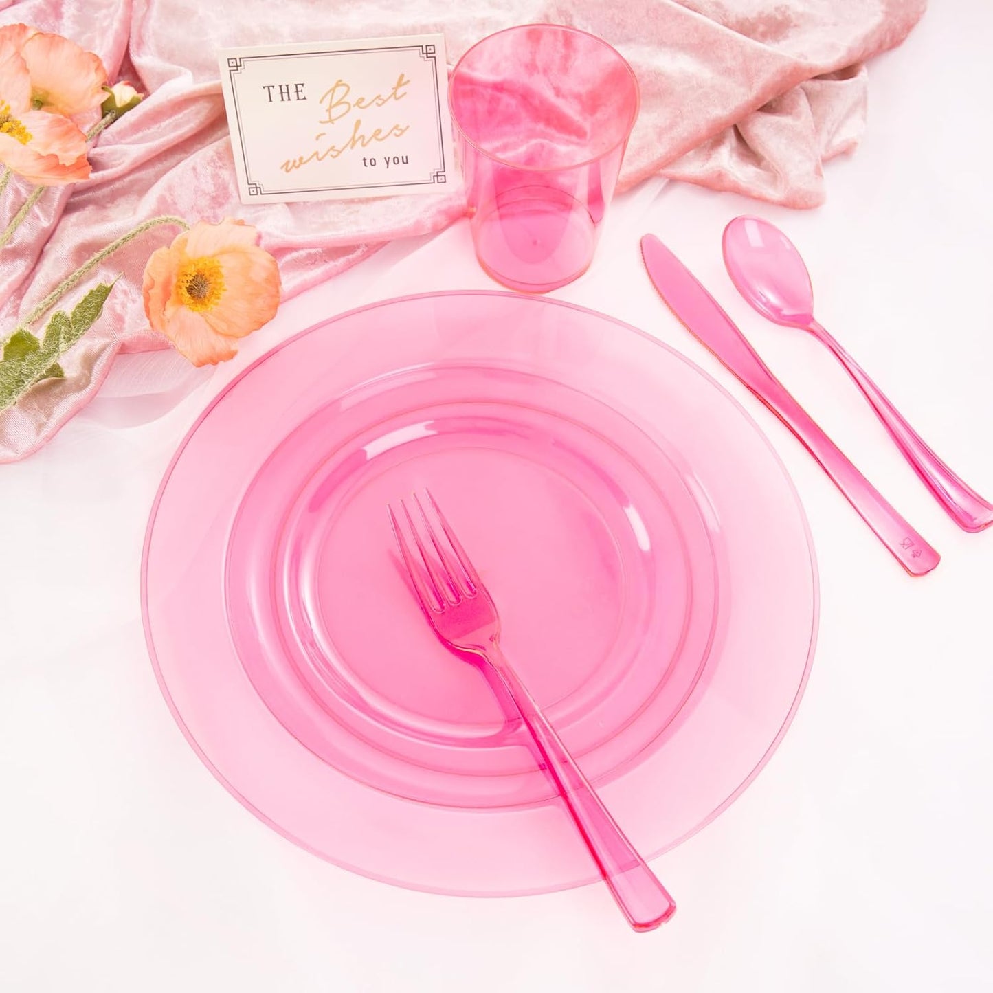 WDF 25 Guest Pink Plates with Pink Plastic Silverware&Pink Cups-Neon Clear Disposable Dinnerware include 50 Plates,25Forks, 25 Knives, 25 Spoons,25 Plastic Cups for Party and Baby Shower