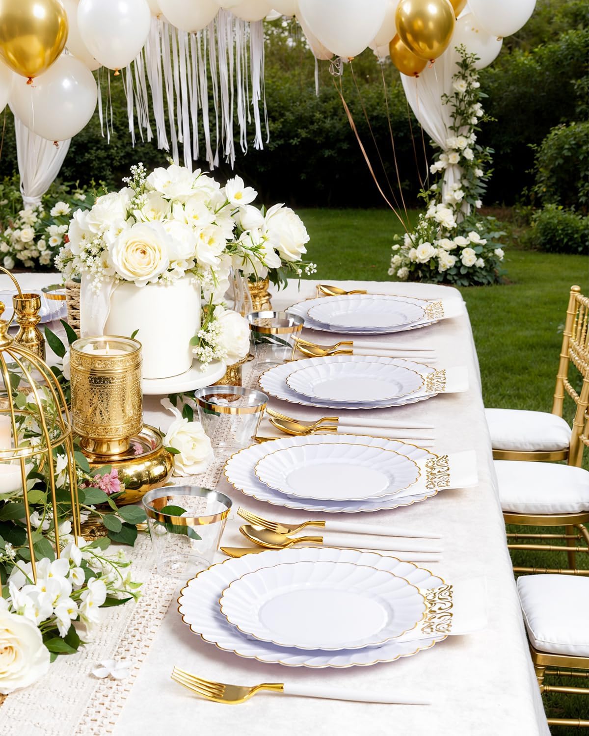 Ciaell 175 PCS White Scalloped Plastic Plates with Gold Trim - Gold Plastic Silverware with Handle - Fancy High-End Dinnerware Sets for Wedding & Showers & Party & Thinksgiving (25 Guests)