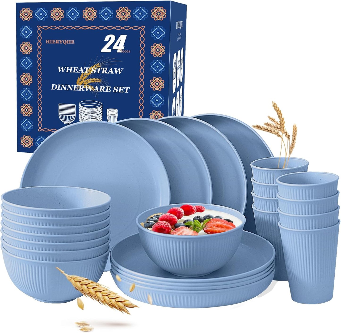 24pcs Wheat Straw Dinnerware Sets For 8, Unbreakable Plates and Bowls Wheat Straw Dinnerware Microwavable Cups Plates and Bowls Sets Shatterproof For Outdoor Kitchen Camping