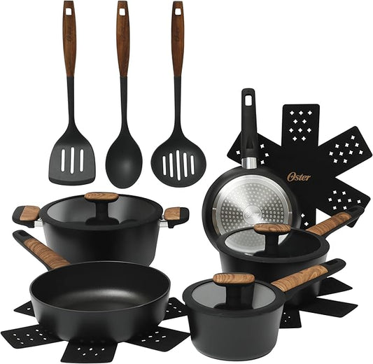 Oster Platinum Oxburg 14 Piece Forged Aluminum PFA Free Non-toxic Premium Ceramic Non Stick Interior Cookware & Kitchen Tools Set - Black w/Wood Handles