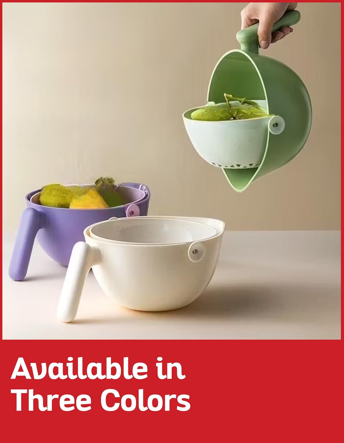 Multi Functional Draining Basket – Double Layer Colander & Bowl Set for Pasta, Fruits, Vegetables & Rice – Durable BPA-Free, Dishwasher Safe (Avocado Green)