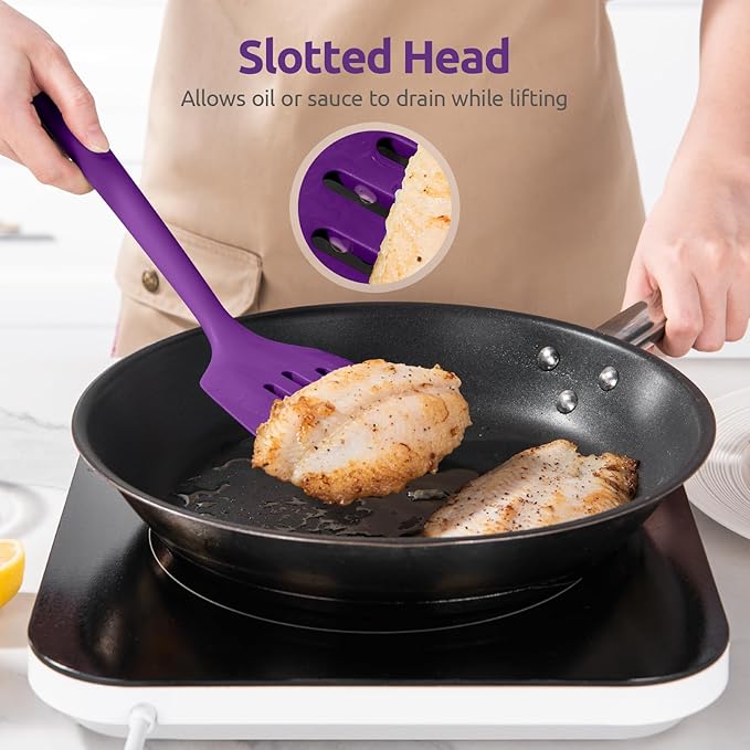 600ºF Heat Resistant Slotted Turner: U-Taste 13.6in Silicone Kitchen Spatula Flipper, 3.74in Wide Food Grade Flexible Thin Rubber Cooking Utensil for Egg, Pancake, Cookie in Nonstick Cookware (Purple)