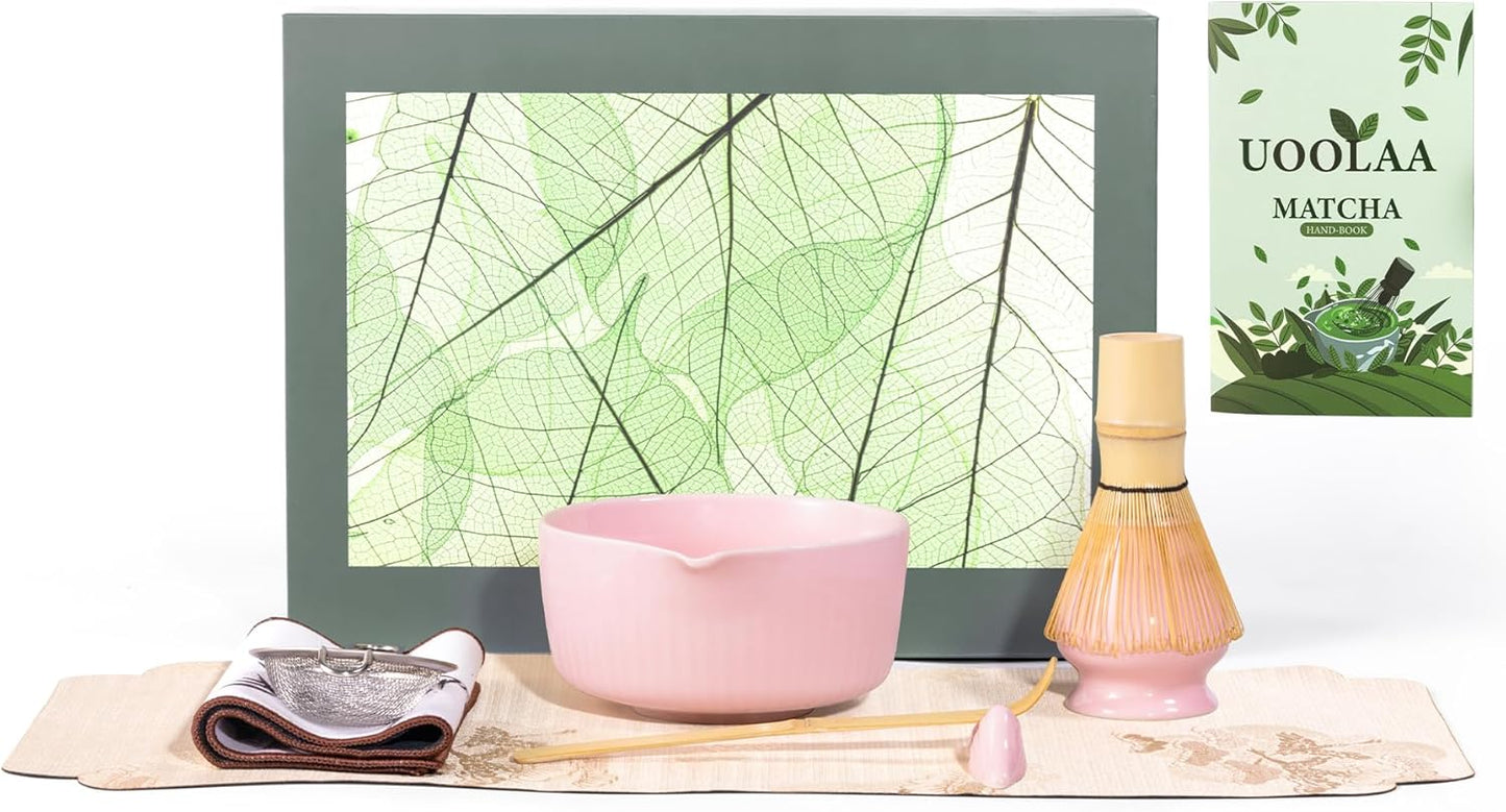 Traditional Matcha Tea Set, 8-Piece Ceremonial Kit with Ceramic Bowl, Bamboo Whisk, Holder, Scoop, Rest and Sifter-Pink