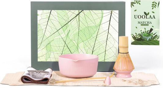 Traditional Matcha Tea Set, 8-Piece Ceremonial Kit with Ceramic Bowl, Bamboo Whisk, Holder, Scoop, Rest and Sifter-Pink