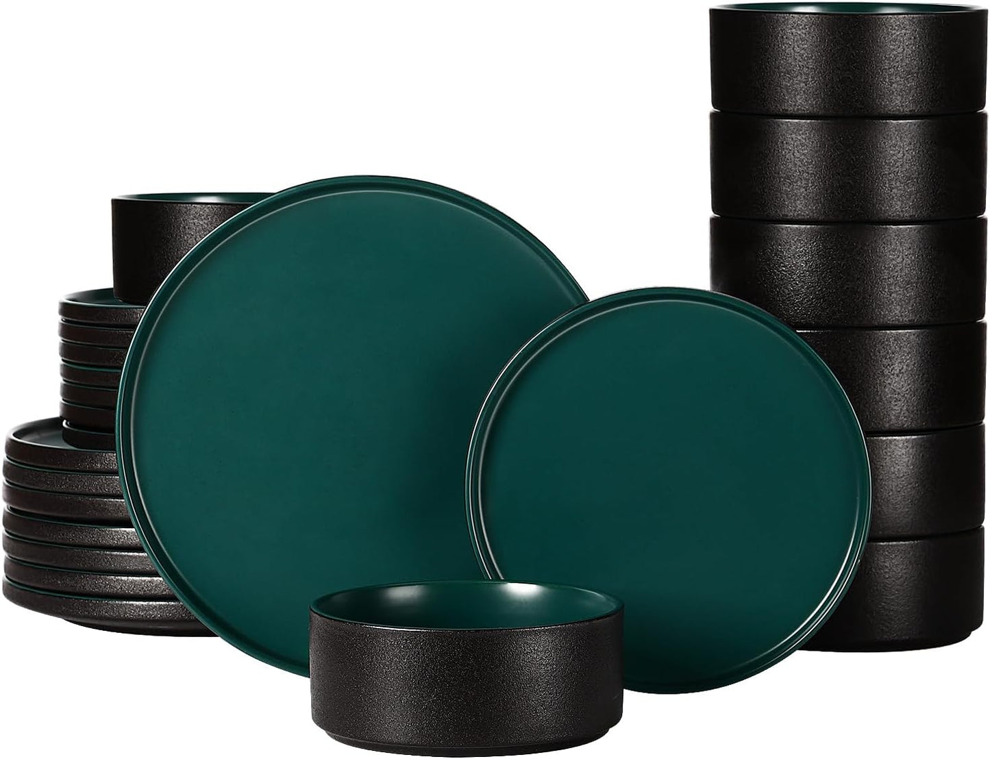 GZG Classic Series - Plates and Bowls Set for 8, 24 Piece Stoneware Dinnerware Sets, Microwave and Dishwasher Safe Lead-Free Handcrafted Ceramic Dishes Set - Malachite Green
