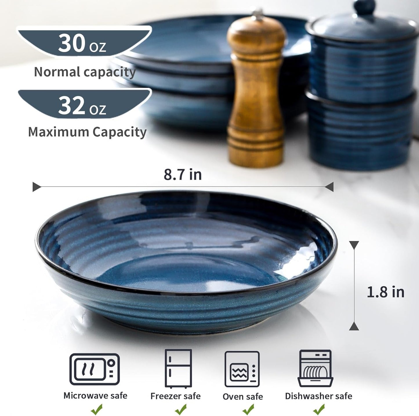 Hasense Pasta Bowls Set of 2, 32 Oz Porcelain Shallow Dinner Bowls for Salad, Soup, Home Gift - Dishwasher & Microwave Safe, Blue