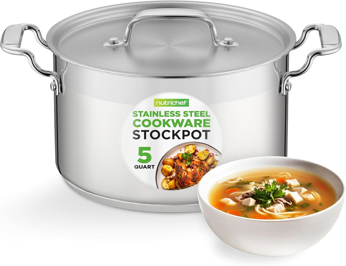 NutriChef 5-Quart Stainless Steel Stockpot with Lid- 18/8 Food Grade Heavy Duty Inox Large Stock Pot for Stew, Soup, Works w/ Induction