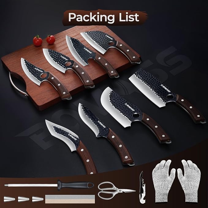 Meat Cleaver Butcher Knife Set of 15PCS, Hand Forged Knives Set for Kitchen, High Carbon Japanese Knife Set with bag & 6 Accessories, Boning Knife for Meat Cutting, Outdoor Cooking BBQ Camping Gift